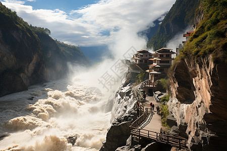 峡谷河流边的古建筑图片