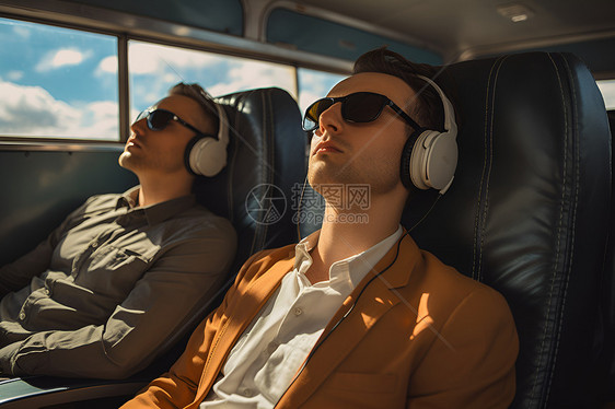 两个男人在巴士上戴着耳机图片