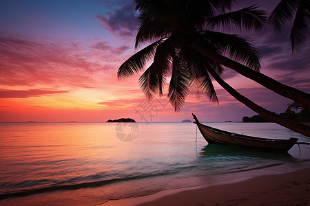 夕阳沙滩上的渔船图片