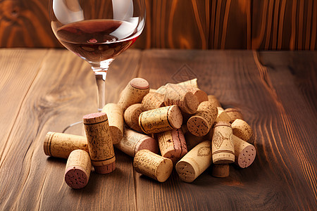 葡萄酒和一堆葡萄酒塞图片