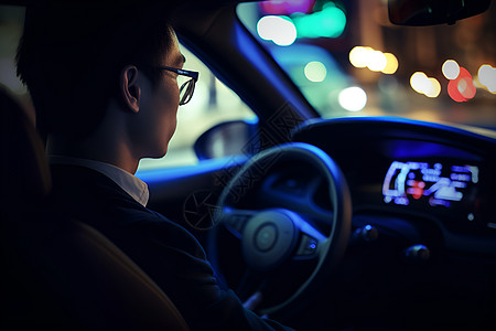 戴眼镜的夜幕中开车的男士背景
