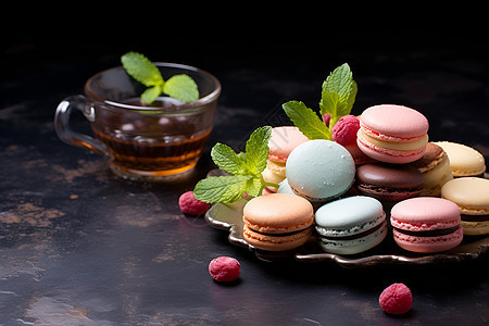 法式甜点马卡龙与茶图片