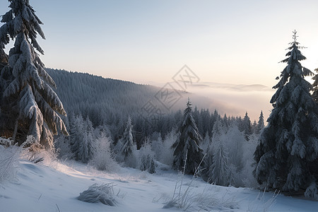 山坡上的冰雪和树林图片