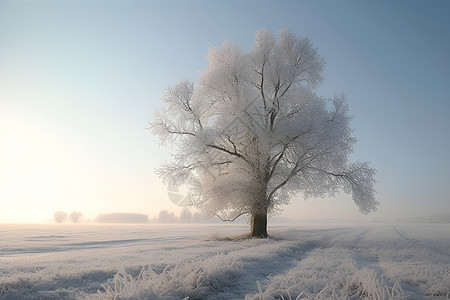 冬季田野间的树木和冰雪图片