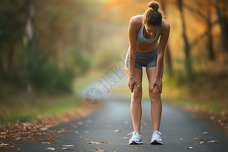 跑步道路跑步女子抱着膝盖弯腰背景