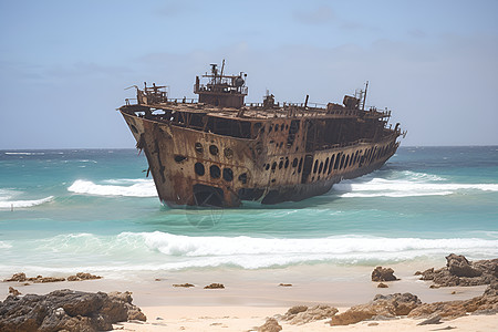 海边破旧的船舶背景图片