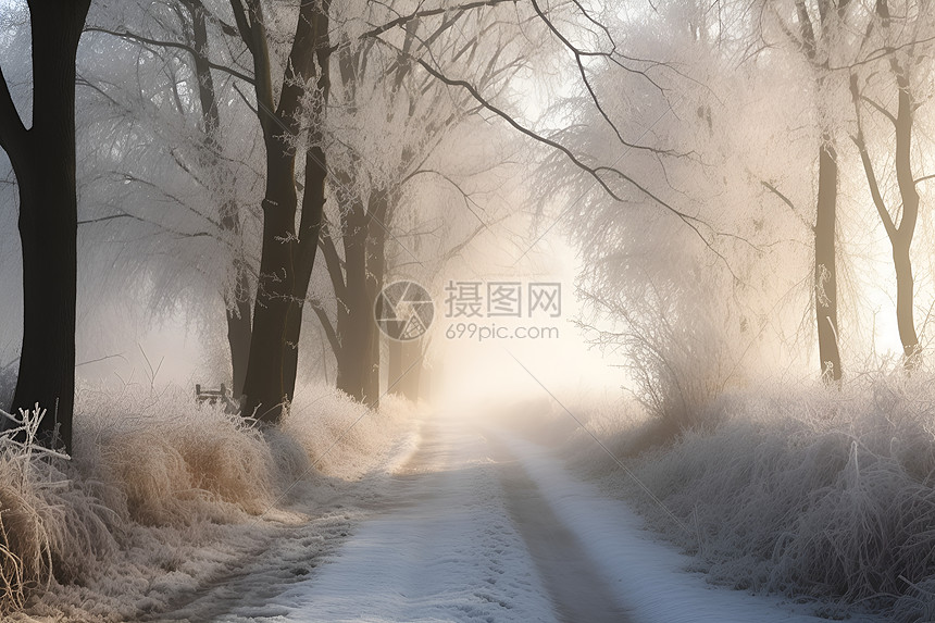 雪中林间的小路图片