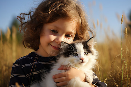 孩子抱着宠物猫咪图片