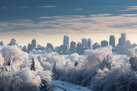 公园的雪景与高楼图片