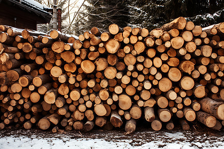 冬季的原木堆与雪景图片