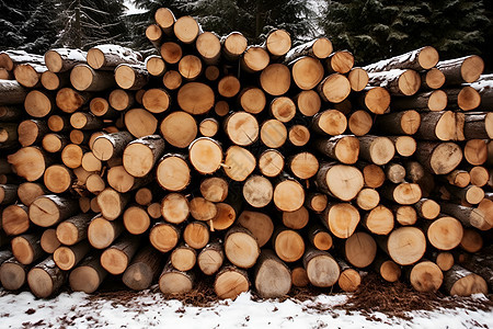 冬日森林中的一堆圆木图片