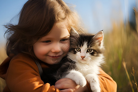 动物与孩子田园中与猫咪相伴的小女孩背景