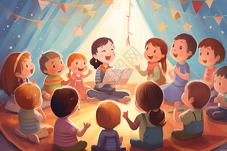 幼儿园正在唱歌的儿童插画