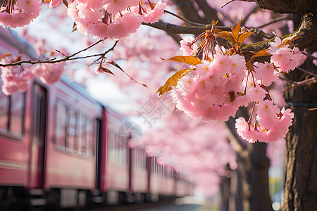 樱花树前的火车图片