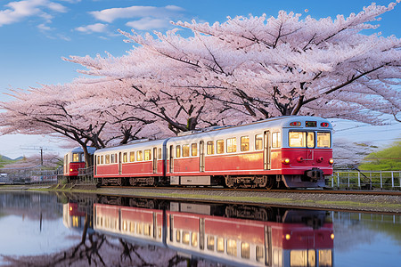 樱花林樱花湖畔火车穿行背景