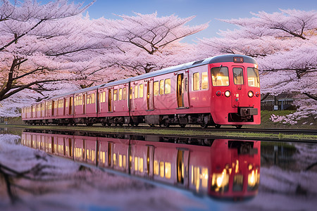樱花盛放时的火车图片