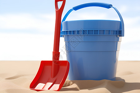 盘锦红海滩沙滩上的蓝桶和红铲子背景