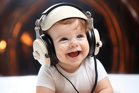 快乐的宝宝戴着耳机图片