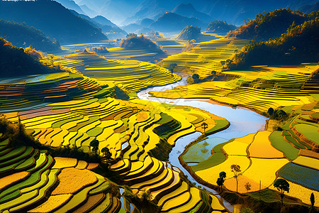 稻田下的壮丽河谷图片