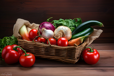 篮子中新鲜健康的蔬菜背景图片