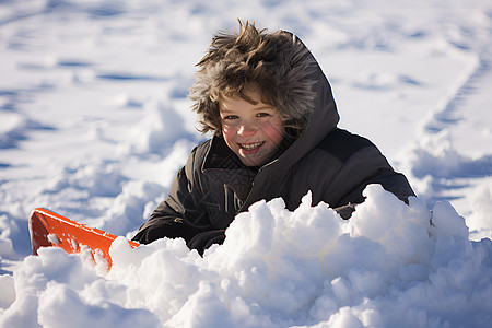 雪地中玩耍的小男孩背景图片