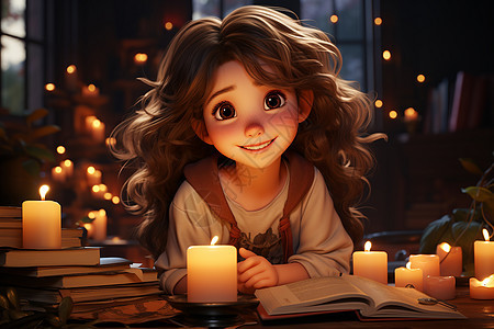 蜡烛前的可爱女孩背景图片