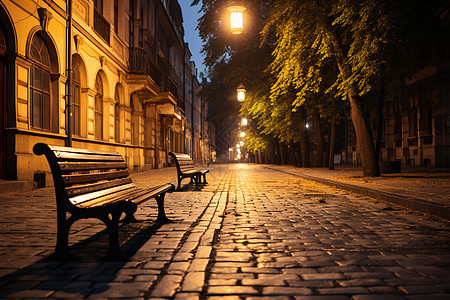 夜晚街道中的长椅和路灯图片