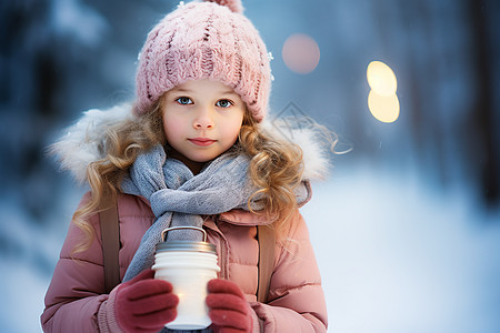 冬季户外拿着蜡烛的小女孩背景图片