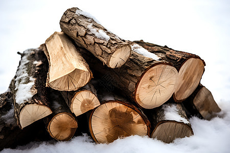 雪地中的一堆木柴图片