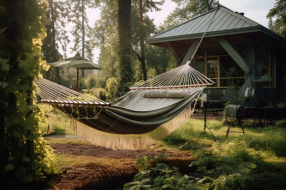 一片绿树环绕的田园小屋中的躺椅享受闲暇时光图片