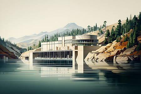 山间湖畔的建筑图片