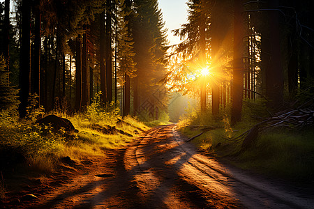 阳光照耀下的森林小路图片