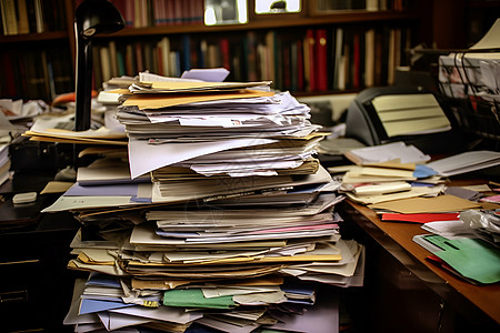 杂乱的文件堆放在办公桌上图片