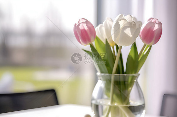 桌上一瓶粉白色花朵图片