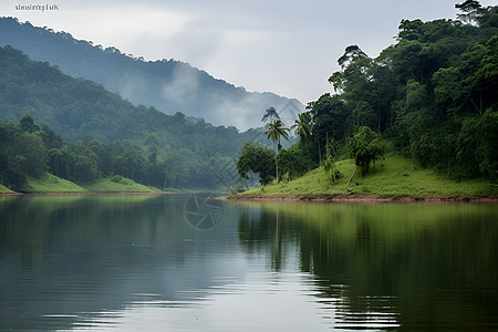 翠绿山丘与森林环绕的湖泊图片