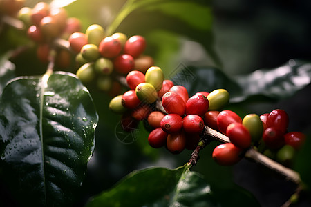 红浆果下的咖啡植株图片
