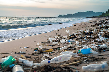 海滩上塞满垃圾和塑料瓶图片