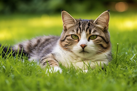 猫咪静静躺在草地上图片