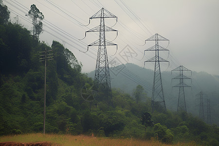 高压电线架设在山上图片