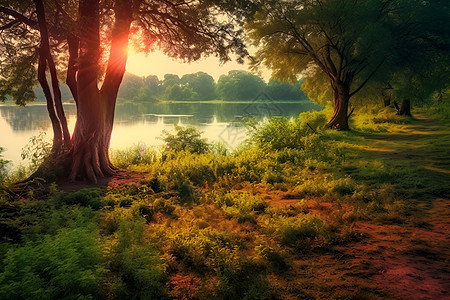 阳光照耀下的神秘湖畔小树林高清图片
