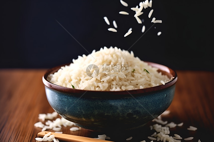 一碗米饭和筷子放在桌子上图片