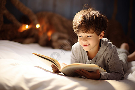 小男孩在床上阅读图片