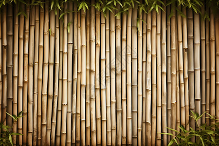 竹墙边生长的绿植图片
