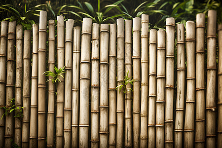绿植环绕的竹篱笆图片