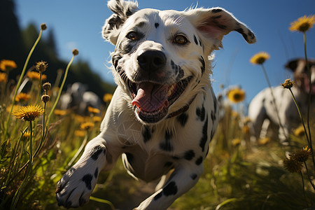 草地上奔跑的斑点犬图片