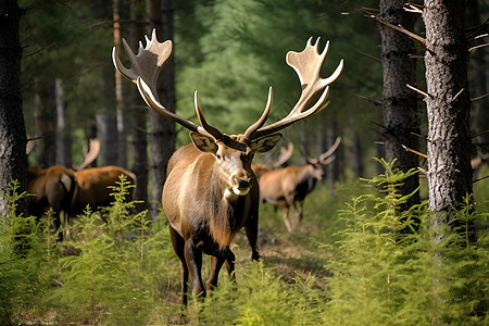 自然森林中的鹿群背景图片