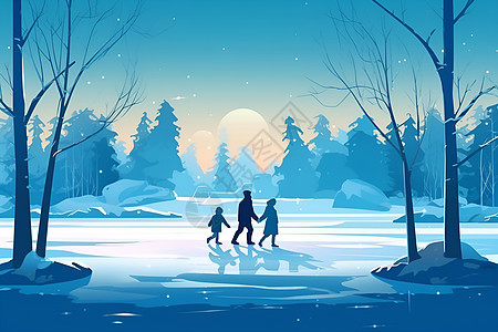 冰面上行走的一家人图片