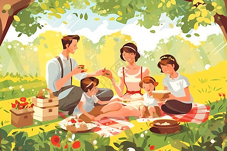 幸福野餐的一家人背景图片