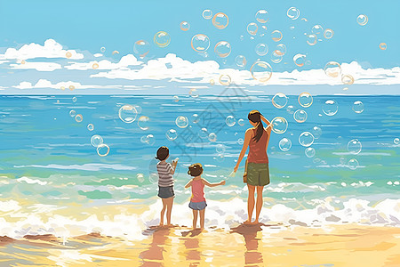 海边快乐的一家人图片