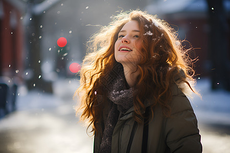 下雪街道的女人图片